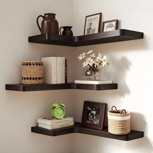 Floating Corner Shelves Set of 3, Solid Wood Picture Wall Shelf, Floating Shelves for Storage for Bedroom Kitchen Bathroom Living Room (Burnt) - color: Burnt