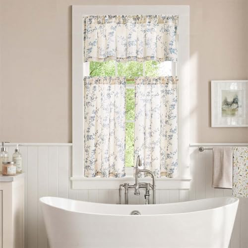 jinchan Blue Linen Floral Kitchen Tier Curtains and Valance Set 3 Pieces - color: Alisa | Blue on Linen, size: 26"W x 36"L (Pack of 3)