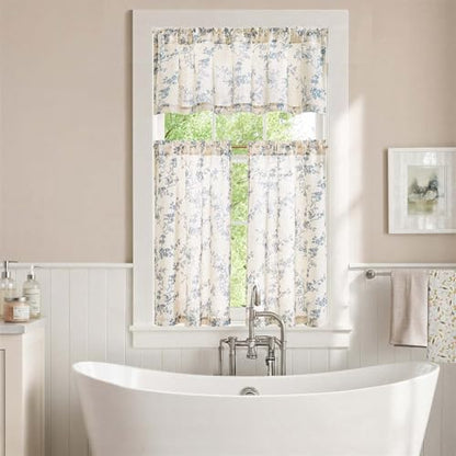 jinchan Blue Linen Floral Kitchen Tier Curtains and Valance Set 3 Pieces - color: Alisa | Blue on Linen, size: 26"W x 36"L (Pack of 3)