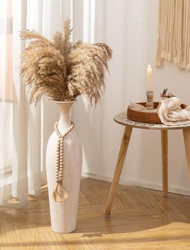 Sziqiqi Metal Tall Floor Vase, Large Boho Vase with Bead for Pampas Grass - color: Beige