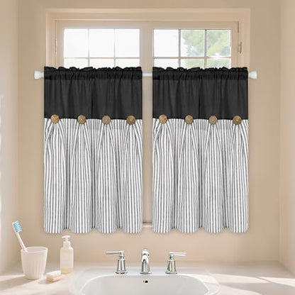 ASPMIZ Farmhouse Kitchen Curtains 24 Inch Length, Black Stripe, 2 Panels - color: Black&grey, size: 26"W x 36"L (Pack of 2)