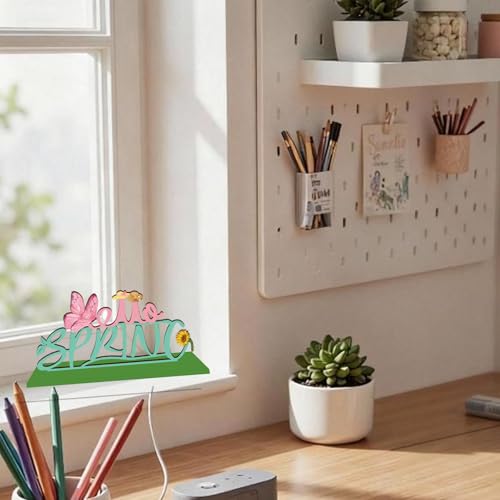 Hello Spring Wooden Table Sign with Base Spring Tabletop Decorations for Home Office Shelf Mantel Indoor Holiday Tiered Tray Spring Party Decor Gift