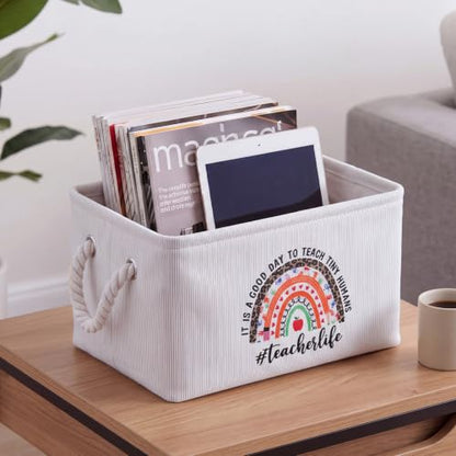 Marsui 1 Pcs Teacher Gift Basket Foldable Linen Storage Basket with Handles - color: White, size: Teacher