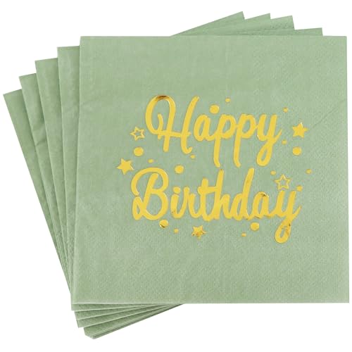 Vuzvuv 52 Pack Happy Birthday Cocktail Napkins Cursive Design - Birthday Party Dinner Hand Napkin with Gold Stampin for Party Supplies Decorations Table Decor(5" Folded 3 Ply- Sage Green) - color: Handwrite Green