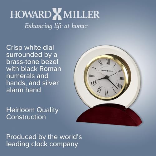 Howard Miller Dana Tabletop Clock – Curved Beveled Glass, Wooden Base, Battery Operated Alarm, Roman Numerals, Analog Desk Clock