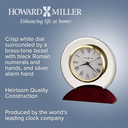 Howard Miller Dana Tabletop Clock – Curved Beveled Glass, Wooden Base, Battery Operated Alarm, Roman Numerals, Analog Desk Clock
