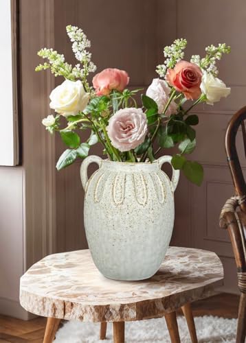 White Ceramic Vase with 2 Handles,7.8 Inch Rustic Farmhouse Decor - size: 7.8 inches