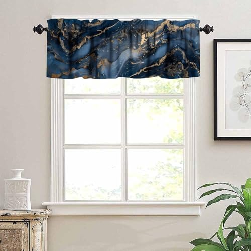 Navy Blue Marble Valance, Luxury Abstract Dark Blue Golden Veins Texture Blackout Short Window Drape Treatment for Kitchen Cafe Bedroom Living Room, 54x18inch - color: Marble-18