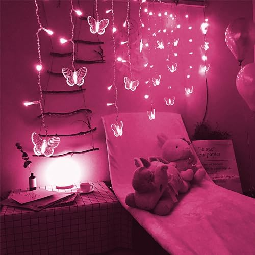Butterfly Curtain Lights, 4.9ft 48 LED USB Window Fairy Lights 10 Butterflies 8 Modes Firefly Twinkle Timer String Lights with Remote for Room Bedroom Wall Ceiling Party Wedding Christmas - color: Pink, size: 4.9ft