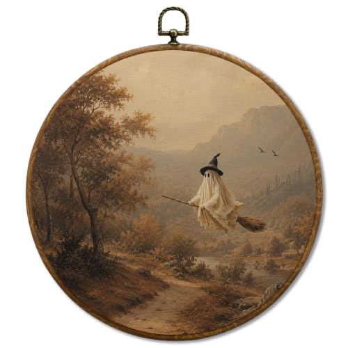 JUIOEIU Fall Halloween Witch Ghost on Broom Round Wall Decor 994 - color: Ghost01