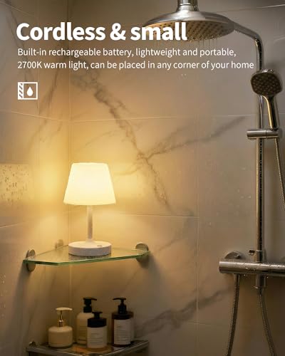 PUSU Cordless LED White Small Table Lamp, Waterproof Shower Desk lamp - color: Matte White (Metal + PE Plastic)