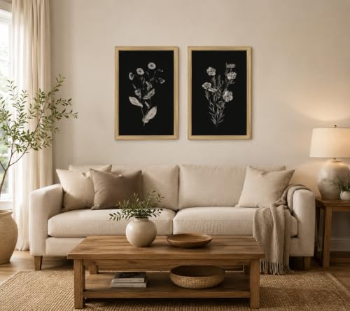 2Pcs Framed Canvas Botanical Wall Art Black Floral Print 16x24 Inch - color: Blackened flowers, size: 24"L x 16"W