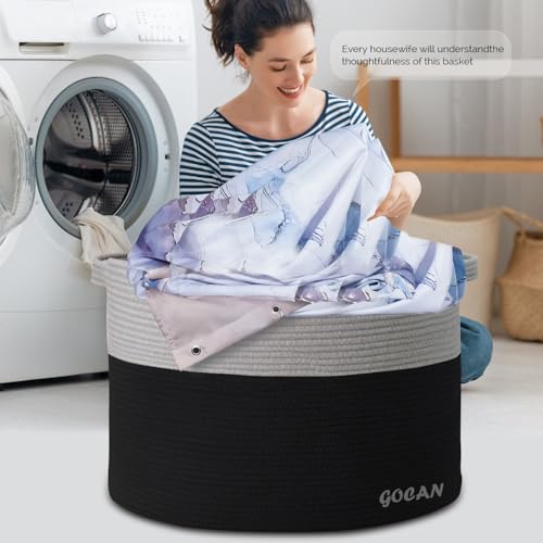Cotton Rope Woven Laundry Basket 22"X 22"X 14" with handles(Black-Grey)XXXL - color: Black/Gery