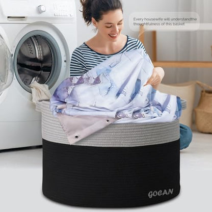 Cotton Rope Woven Laundry Basket 22"X 22"X 14" with handles(Black-Grey)XXXL - color: Black/Gery
