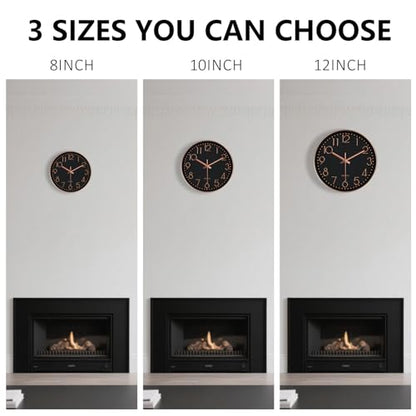 Silent Wall Clocks Battery Operated 8 Inch, Analog Wall Clock with Oversized Number Tempered Glass Clock Face, Non Ticking Wall Clocks for Living Room Bedroom Kitchen Office, Black Rose Gold - color: Black Rose Gold, size: 8 Inch
