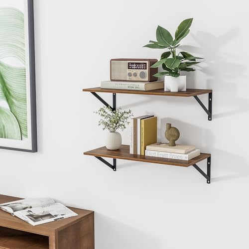 Heimlove 24W x 12D Deep Floating Shelves Set of 2 Walnut - color: Walnut With Black Metal Bracket, size: 24Wx12Dx5.8H