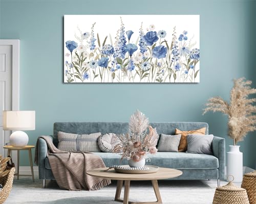 Elegant Blue White Flowers Wall Art Botanical Canvas Prints, 29"x58" - color: Blue White Botanical Flowers, size: 58"L x 29"W