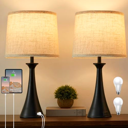 Touch Table Lamps Set of 2, 21" Bedside Lamps with USB C+A, Black - color: Black 2pcs