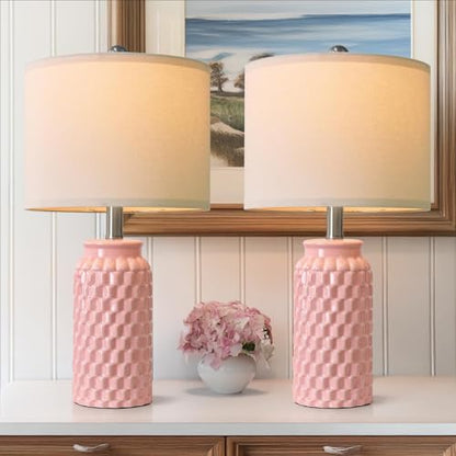 USumkky 20.5" Pink Table Lamps Set of 2,Modern Farmhouse Bedside Lamps - Ceramic Nightstand Lamps for Bedroom,Boho Living Room End Tables,Small Office Desk Lamp - color: Pink