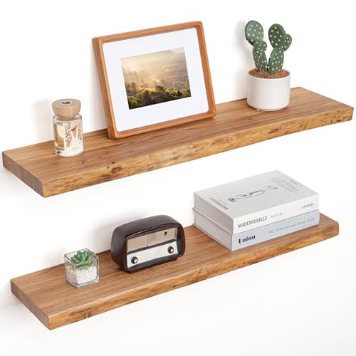 Floating Shelves for Wall, Solid Elm Wood Shelves, 32in Set of 2, Natural - color: Natural, size: Live Edge, 32inch, 2Packs