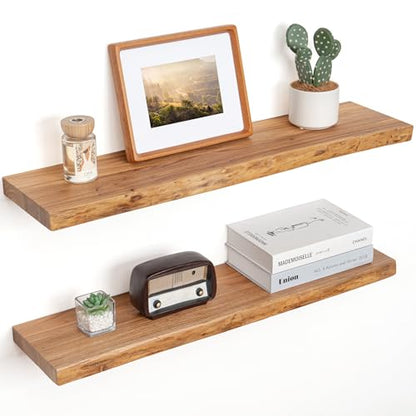 Floating Shelves for Wall, Solid Elm Wood Shelves, 32in Set of 2, Natural - color: Natural, size: Live Edge, 32inch, 2Packs