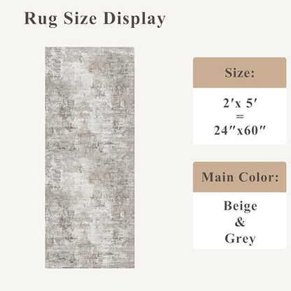 2x5 Rug Runner Non-Slip Washable – Modern Neutral Abstract Small Rug for Hallway, Kitchen, Bathroom, Bedroom, Entryway, Laundry Room – Thin Soft Low-Pile Rubber Backing (Beige/Grey) - color: Beige/Grey/Brown, size: 2' x 5' (Rectangular)
