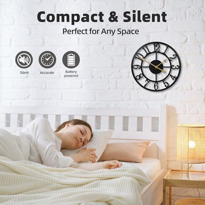 Wall Clock Battery Operated,Silent Non Ticking Modern Rustic Metal Small Clocks for Living Room/Bedroom/Office/Kitchen/Farmhouse Home Decor-12IN(Arabic Number-Black) - size: 12 Inch