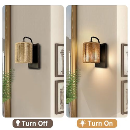 Boho Wall Sconce Rattan Wall Light Fixtures Hemp Rope Sconces - color: Woven Rattan Style