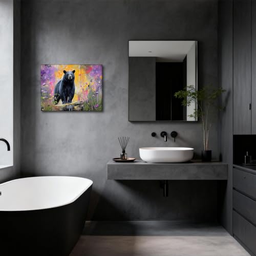 Halioyo Black Bear Canvas Wall Art, Wildflower Bear Print(12x16 in) - color: Painting-09, size: 16"L x 12"W