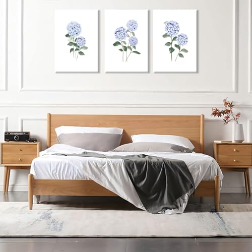Hydrangea Wall Art Set of 3, Blue Floral Canvas Posters Print Picture, Blue Watercolor Botanical Wall Decor, Modern Minimalist Botanical Room Decor, for Living Bedroom Gallery Decor 12x16in Framed - color: Blue Hydrangea Framed, size: 12x16 in