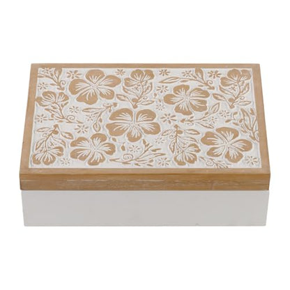Wooden Keepsake Box - Decorative Floral Wood Boxes with Hinged Lid, Flower Engraved Design, 10.24" W