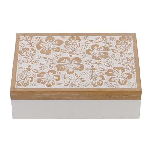 Wooden Keepsake Box - Decorative Floral Wood Boxes with Hinged Lid, Flower Engraved Design, 10.24" W