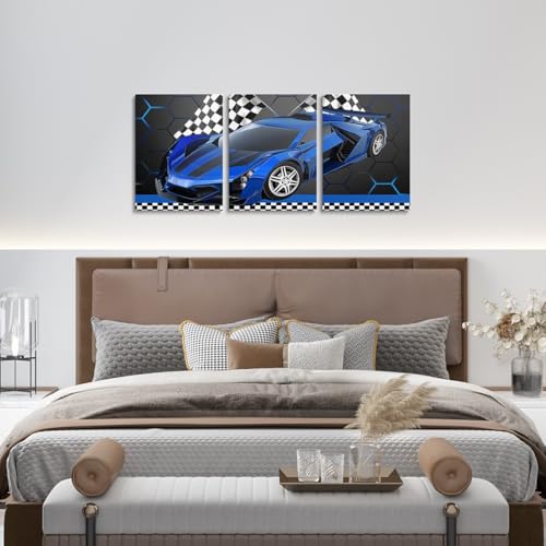 Feelyou Race Car Wall Art 12" x 16" x 3 - color: Blue White Black