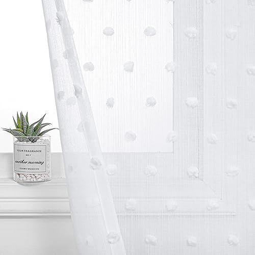 MYSKY HOME White Pom Pom Sheer Curtains for Girls Bedroom 45 Inch 2 Panels - color: White Pom Pom, size: 50"W x 45"L (Pack of 2)
