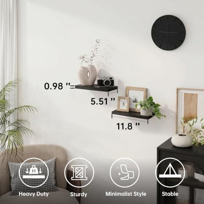 Floating Wall Shelves, Black, 11.8", Small Wall Shelves, Set of 2 - color: Black, size: 11.8''(Thinner)