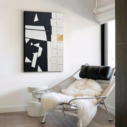 Modern Black & White Abstract 3D Textured Canvas Wall Art with Gold Leaf - color: Black White, size: 24"L x 36"W