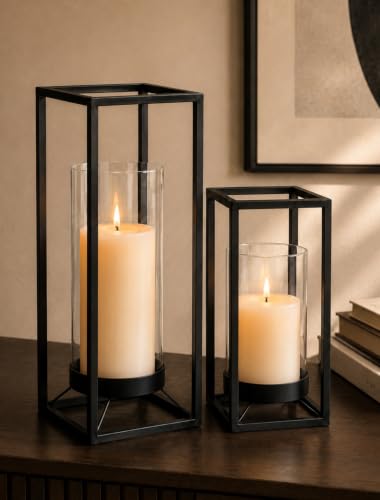 Black Lantern Decorative Indoor Outdoor, Set of 2 Candle Holder - color: Black