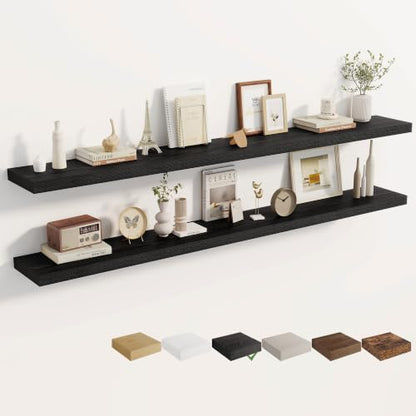 Dreamland 72 Inches Wall Mounted Wood Floating Shelves, Black, 2 Pack - color: Black, size: 72in