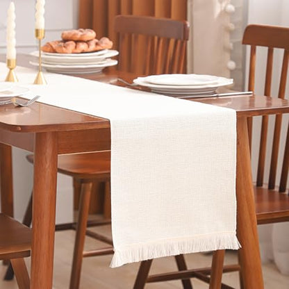 Beige Table Runner 12×120 Inches Long with Fringe Boho Fall Decor - color: Beige