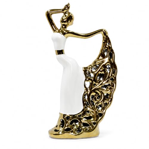 Abstract Woman Sculpture, Gold and White Ceramic Figurine