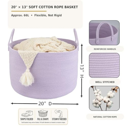 XUANGUO 66L Large Blanket Basket, Round Cotton Rope Basket, Purple - color: purple or lavendor