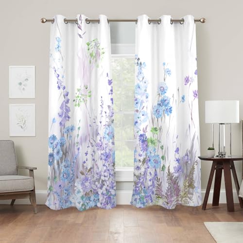 Watercolor Purple Blue Wildflower Window Curtains 2 Panels 45" L x 29" W - color: Light Purple, size: 29"W x 45"L (Pack of 2)