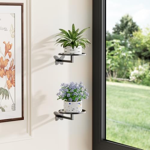 Wall Plant Holder 2 Pack Butterfly Bracket Floating Sheves Wall Mounted Metal Plant Stand Wall Planter Rack Hanging Plant Shelf for Succulent Cactus Herb Small Potted Plants Farmhouse Rustic Home Wall Decor