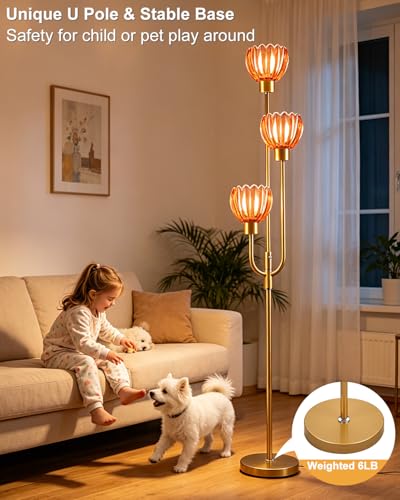 Modern Glass Floor Lamp 66IN 3-Light Red Glass Gold Dimmable Floor Lamps - color: Deep Red Lotus-Gold