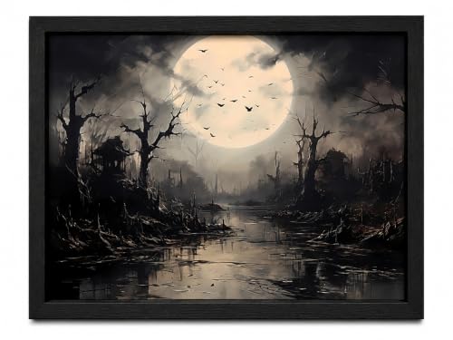 Framed Dark Gothic Full Moon Swamp Wall Art,Spooky Moody Dead Tree Raven Painting Picture Wall Decor,Dark Academia Horror Night Poster Print Artwork,for Gothic Bedroom Living Room Home Decoration - color: Dark Moon, size: 10"L x 8"W
