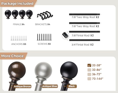 KAMANINA Black 2 Pack Curtain Rod 32 to 58 Inch with Round Finials - color: Black, size: 32-58"(2 Pack)