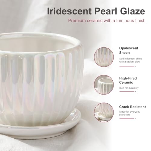 Plant Pots,Ceramic Flower Pots with Drainage Holes & Saucer Set of 3（Pearl） - color: Pearl White