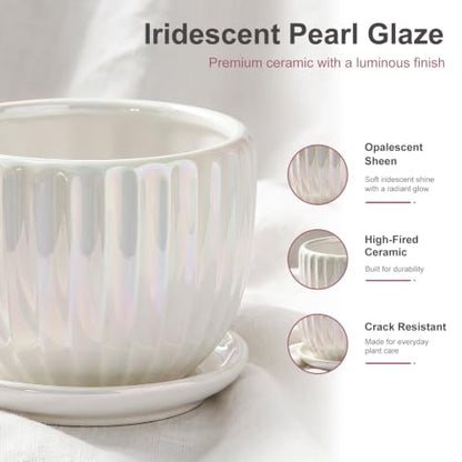 Plant Pots,Ceramic Flower Pots with Drainage Holes & Saucer Set of 3（Pearl） - color: Pearl White