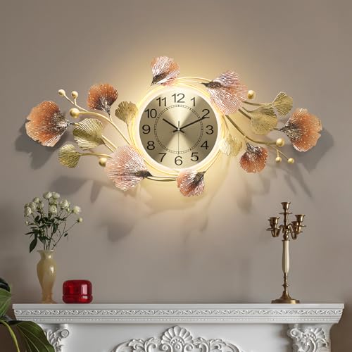 Large Wall Clocks for Living Room Decor with Silent Quartz Movement and 3D Ginkgo Leaf Modern Stylish Decorative Metal Wall Clock for Living Room/Bedroom/Office/Bathroom Wall Art - size: 14''Lx31''W