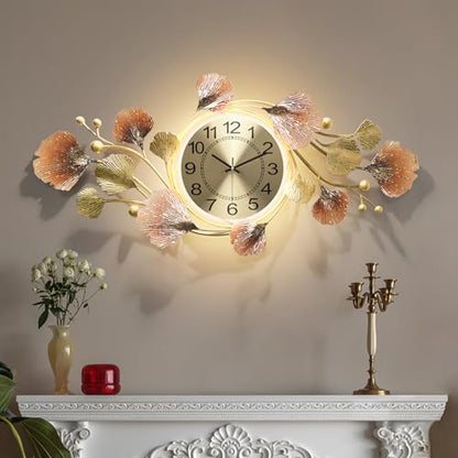 Large Wall Clocks for Living Room Decor with Silent Quartz Movement and 3D Ginkgo Leaf Modern Stylish Decorative Metal Wall Clock for Living Room/Bedroom/Office/Bathroom Wall Art - size: 14''Lx31''W